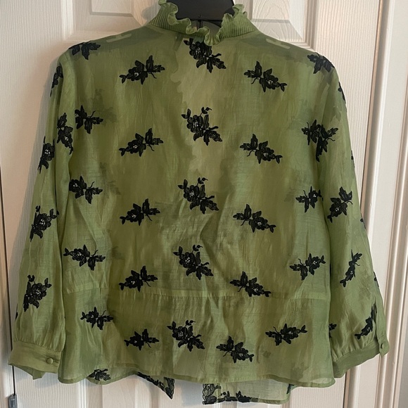 NIC+ZOE Olive Green Ruffle V-Neck Blouse with Black Floral Embroidery - Picture 7 of 8